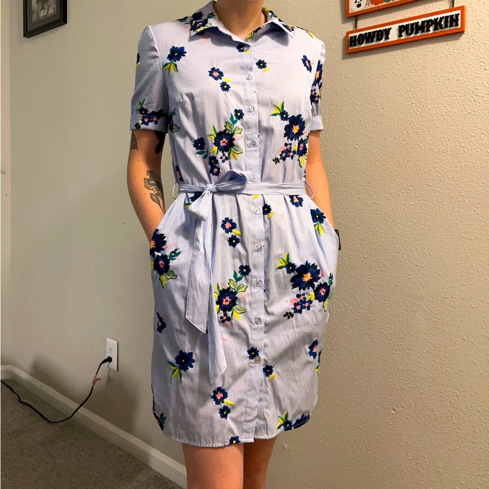 Floral Embroidered blue striped dress with pockets